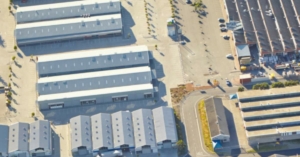 aerial view of industrial zone warehouses