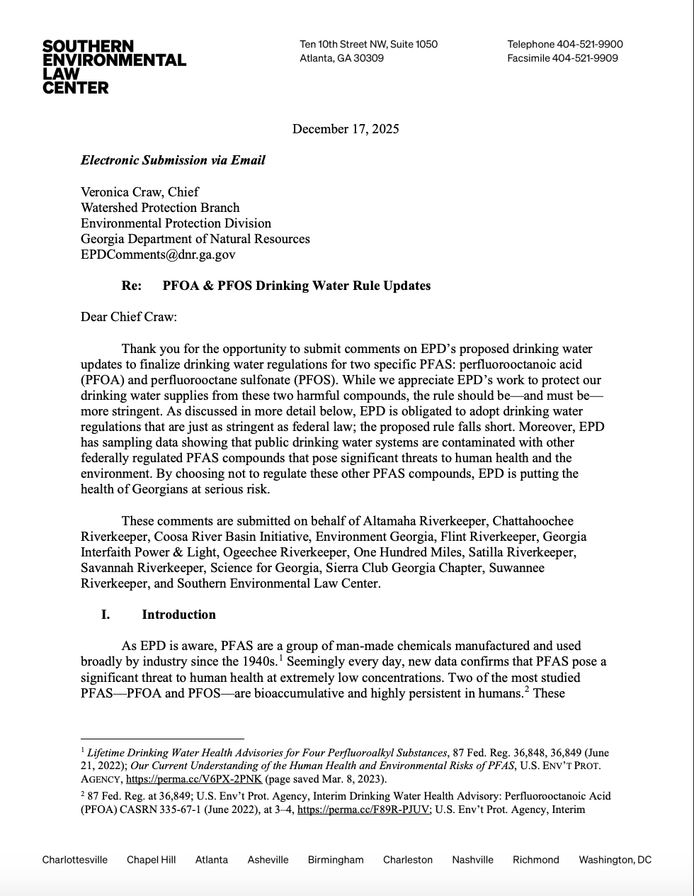 SELC PFOA and PFAS Drinking Water Rule Comments